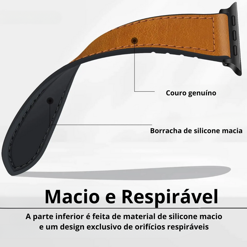 Pulseira Magnética de Couro Genuíno e Silicone para Apple Watch Band - Série 9, 8, 7, 6, SE, Ultra 2 - 44mm, 40mm, 45mm, 41mm, 49mm