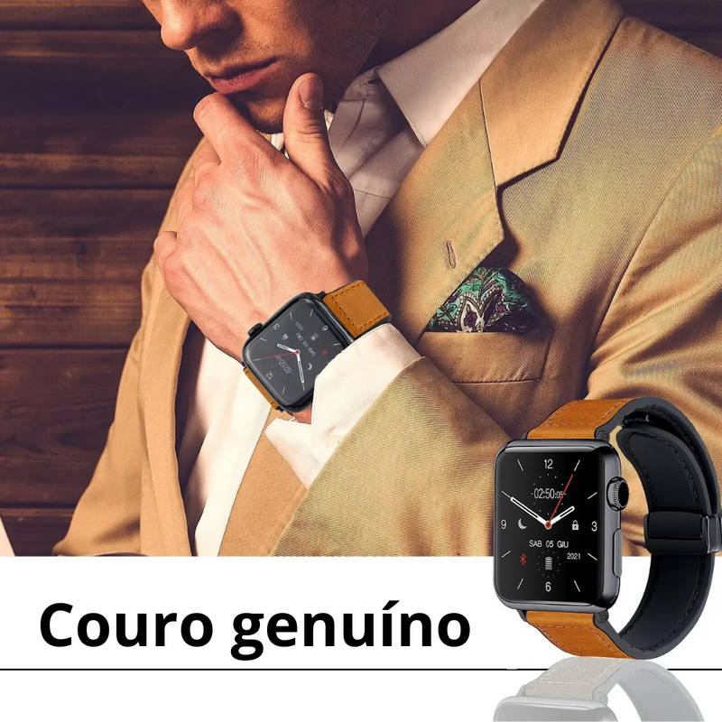 Pulseira Magnética de Couro Genuíno e Silicone para Apple Watch Band - Série 9, 8, 7, 6, SE, Ultra 2 - 44mm, 40mm, 45mm, 41mm, 49mm