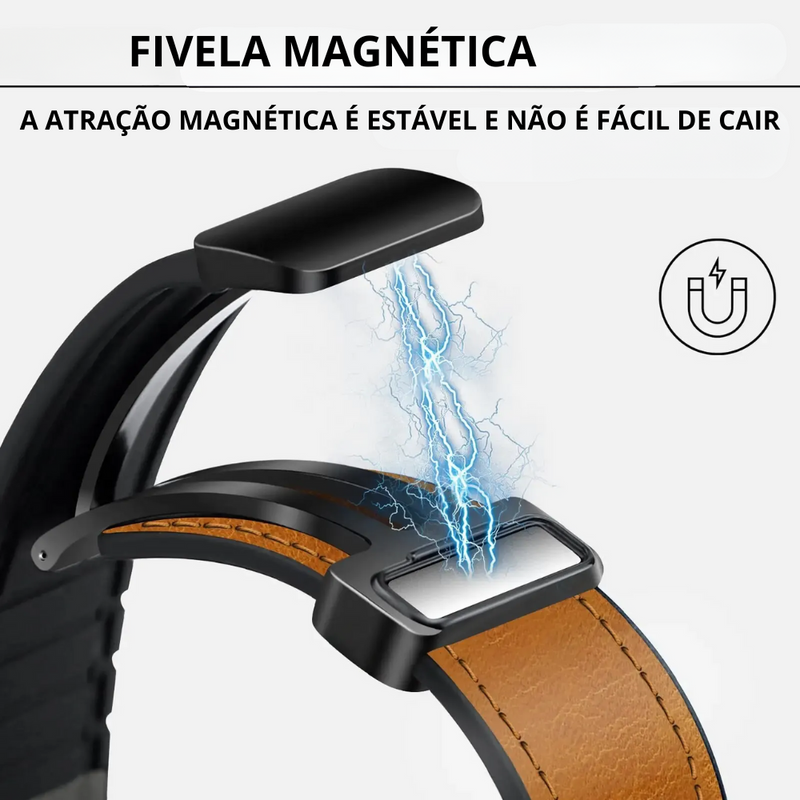 Pulseira Magnética de Couro Genuíno e Silicone para Apple Watch Band - Série 9, 8, 7, 6, SE, Ultra 2 - 44mm, 40mm, 45mm, 41mm, 49mm